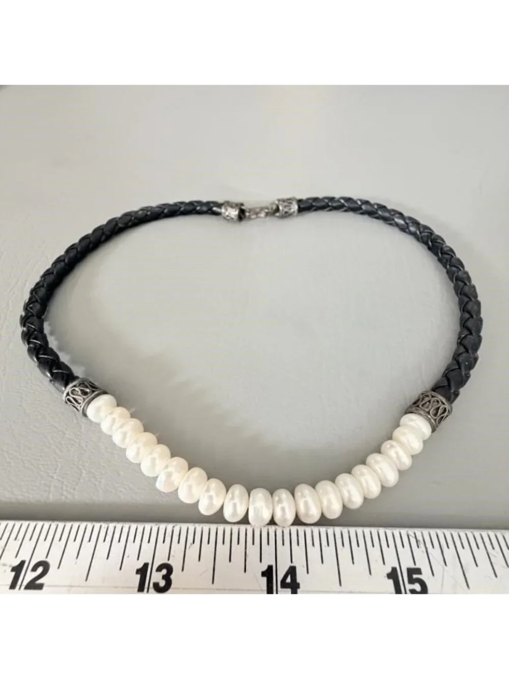 Sterling Silver Freshwater Pearl Braided Black Leather Choker Necklace 14